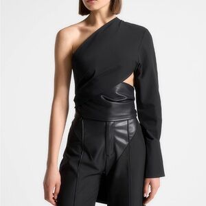 One Sleeve Leather Wrap Top - Black